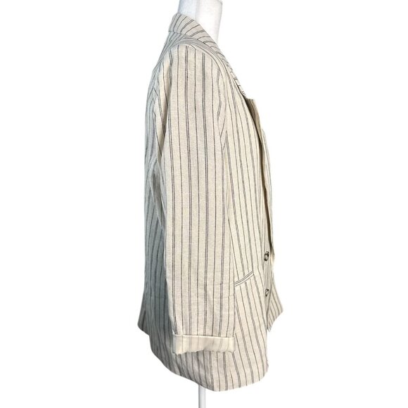 Jules & Leopold Striped Linen Blend Blazer Beige NavyStripe Open Front Womens LG - Picture 5 of 8